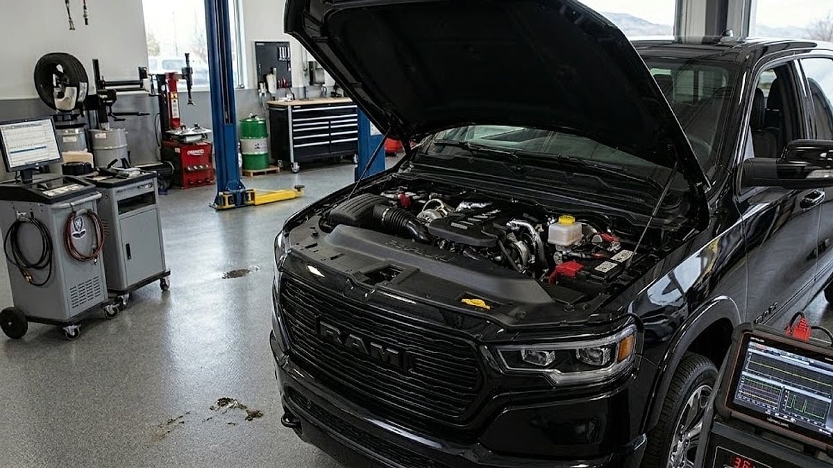 A black 2025 Ram truck sits with its hood up inside a professional service bay for an electrical inspection