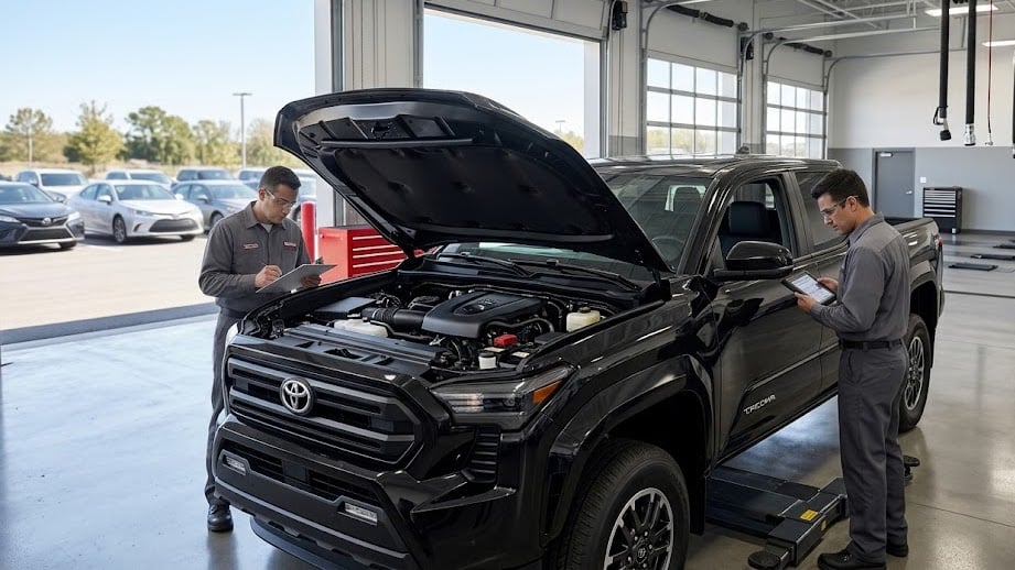 A black 2025 Toyota Tacoma SR5 with its hood raised inside a well-lit dealership service bay for powertrain