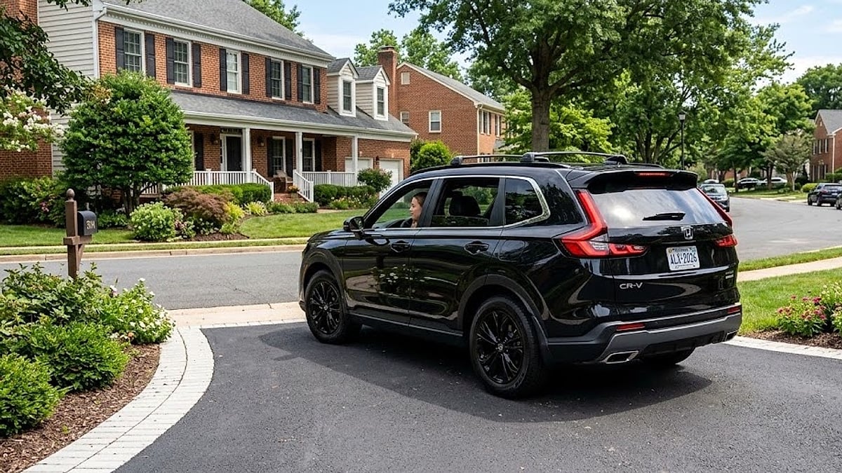 A black 2026 Honda CR-V Sport Touring SUV reverses safely in a paved Alexandria, Virginia driveway with rear lights illuminated