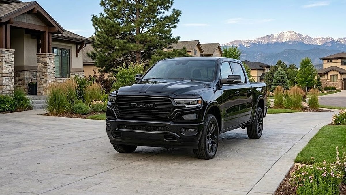 A black 2026 Ram 1500 sits parked on a concrete suburban Colorado driveway with snow-dusted mountains in the background