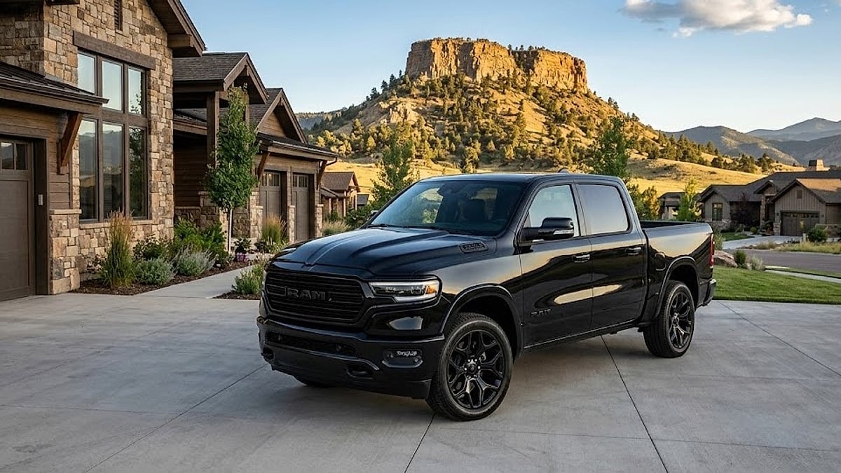 A black 2026 Ram truck parked in a Castle Rock, Colorado driveway, with the iconic Castle Rock rock formation behind it
