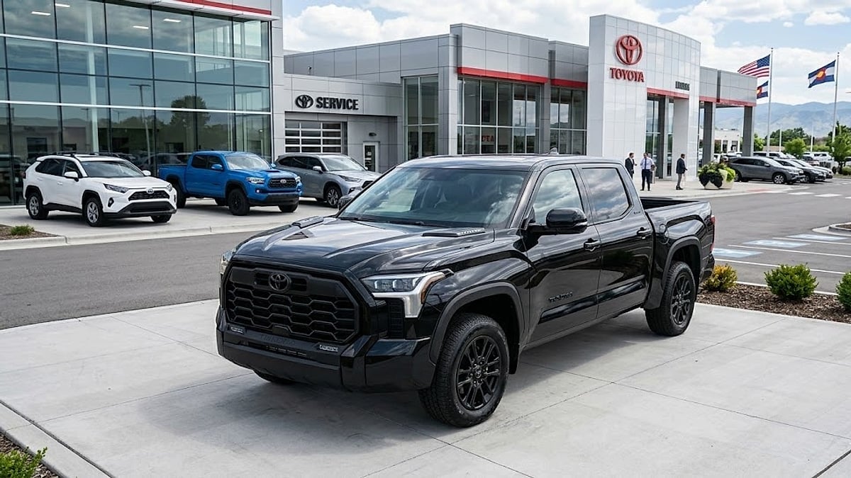 A black 2026 Toyota Tundra Limited is parked prominently on a paved display area at a dealership
