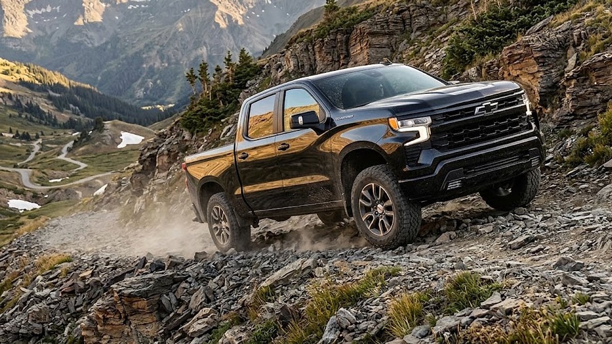 A black Chevrolet Silverado navigates steep, rocky mountain trails, kicking up dust with off-road tires under sunny alpine skies