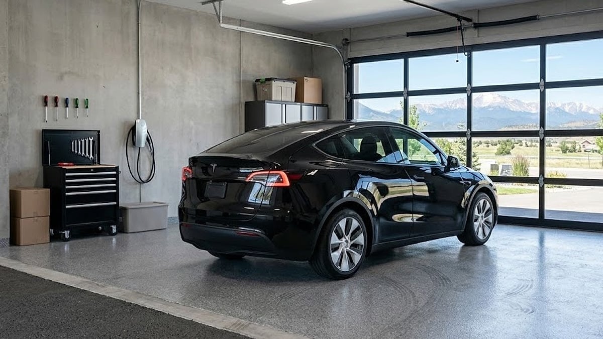 A black Tesla Model Y is parked in a clean suburban garage, exhibiting signs of front-end suspension joint stress