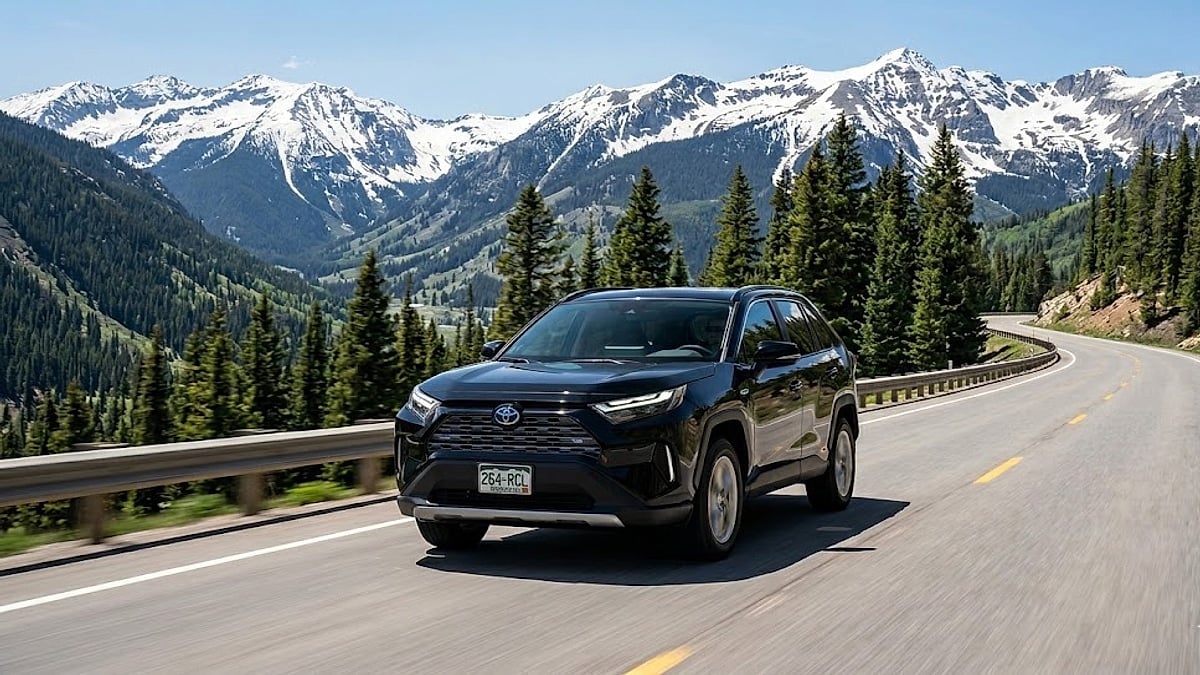 A black Toyota RAV4 Hybrid with a Colorado _264-RCL_ plate drives on a scenic Rocky Mountain road