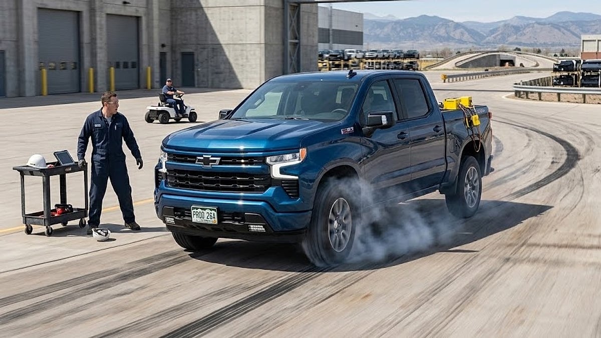 A blue 2026 Chevrolet Silverado undergoing a post-production check suffers a catastrophic wheel lock-up, dramatically skidding on the test track