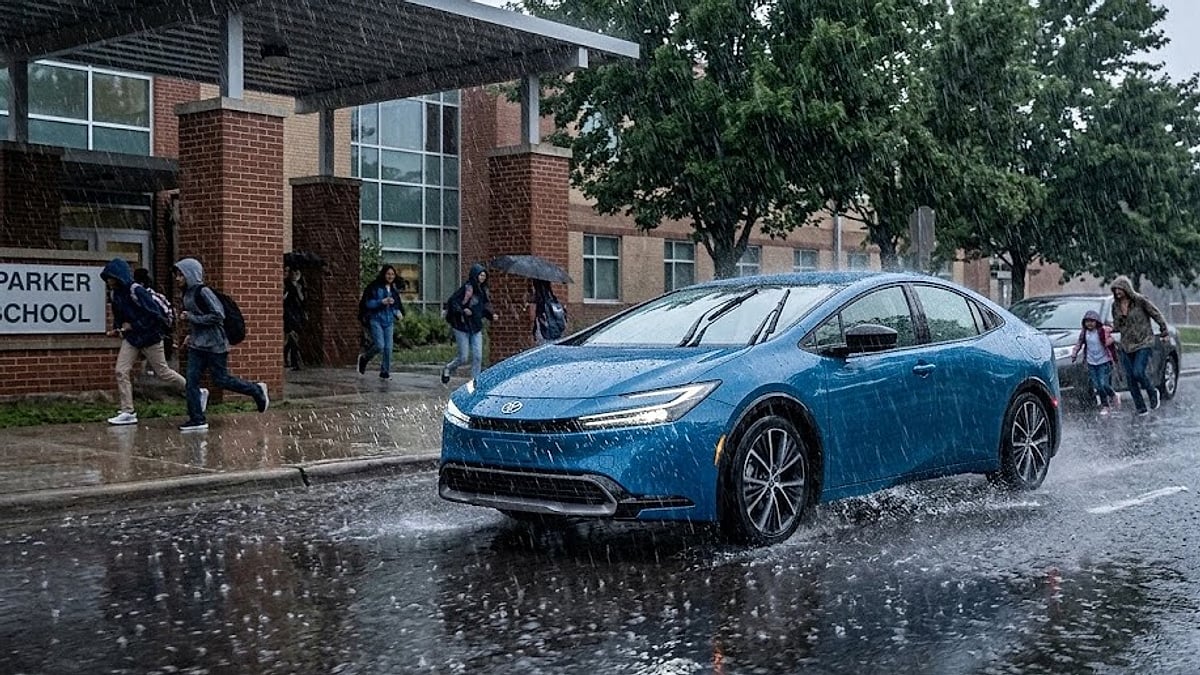 A blue fifth-generation Toyota Prius navigates a torrential downpour outside a school, demonstrating severe weather conditions linked to door-latch moisture intrusion