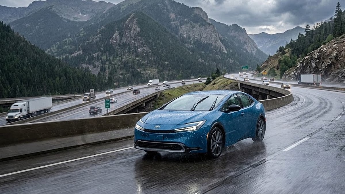 A blue fifth-generation Toyota Prius undergoes high-altitude, wet-weather testing along the steep, mountainous curves of Colorado's Interstate 70 corridor