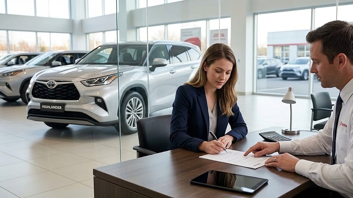 A buyer finalizes procurement documentation for a pre-owned 2021 Toyota Highlander within a modern showroom environment, managing financial transaction parameters