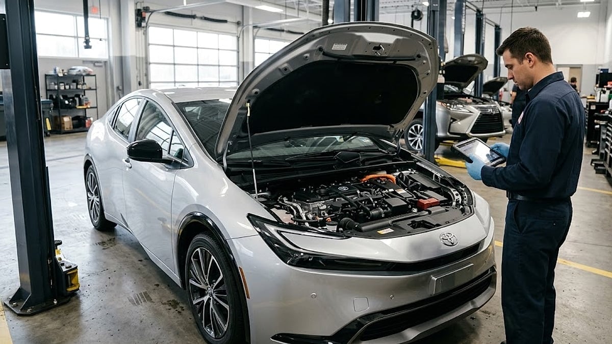 A certified automotive technician utilizes advanced digital diagnostics on a 2025 Toyota Prius hybrid powertrain engine inside a modern service bay