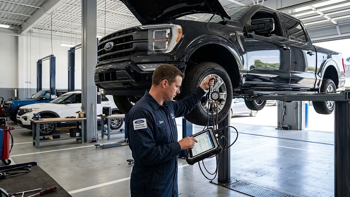 A certified technician conducts high-resolution diagnostic transmission testing on a 2025 Ford F-150 in a modern dealership service bay