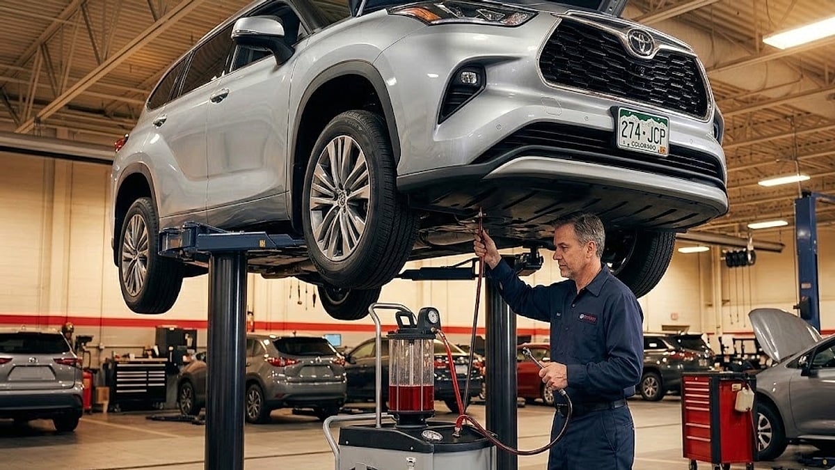 A certified technician drains degraded transmission fluid from a lifted Toyota Highlander, securing structural warranty protection through proactive maintenance records