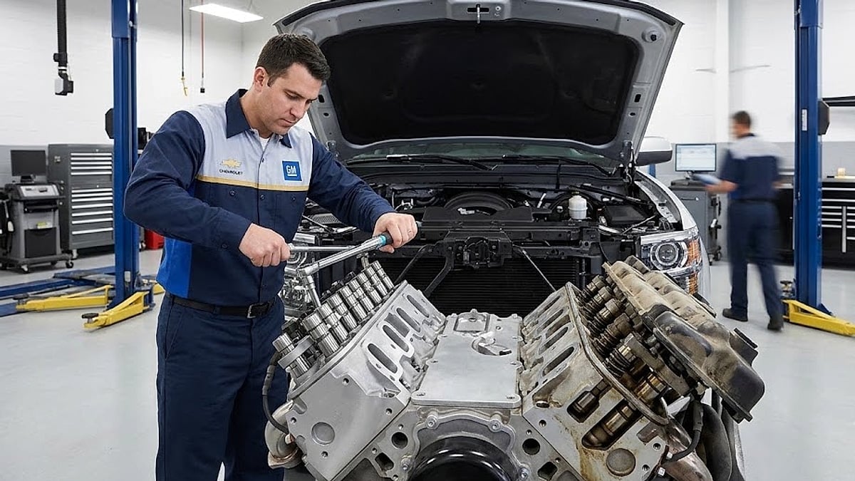 A certified technician installs pristine valvetrain components on one engine bank while leaving the worn, opposite side entirely untouched
