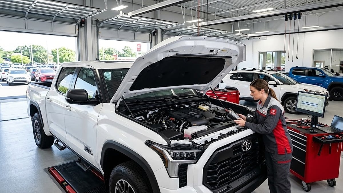 A certified technician uses digital diagnostic equipment to evaluate a 2026 Toyota Tundra engine failure inside a dealership service bay