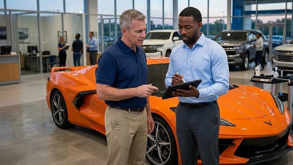 A Chevrolet dealership sales manager uses a digital tablet to review a trade-in evaluation with a C8 Corvette owner