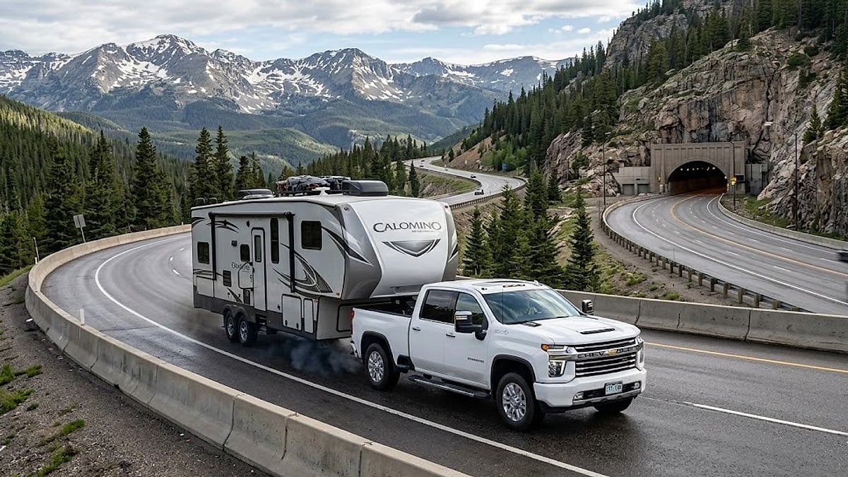 A Chevrolet Silverado HD hauls a large fifth-wheel camper up I-70 West, nearing the Eisenhower Tunnel in the Colorado Rocky Mountains