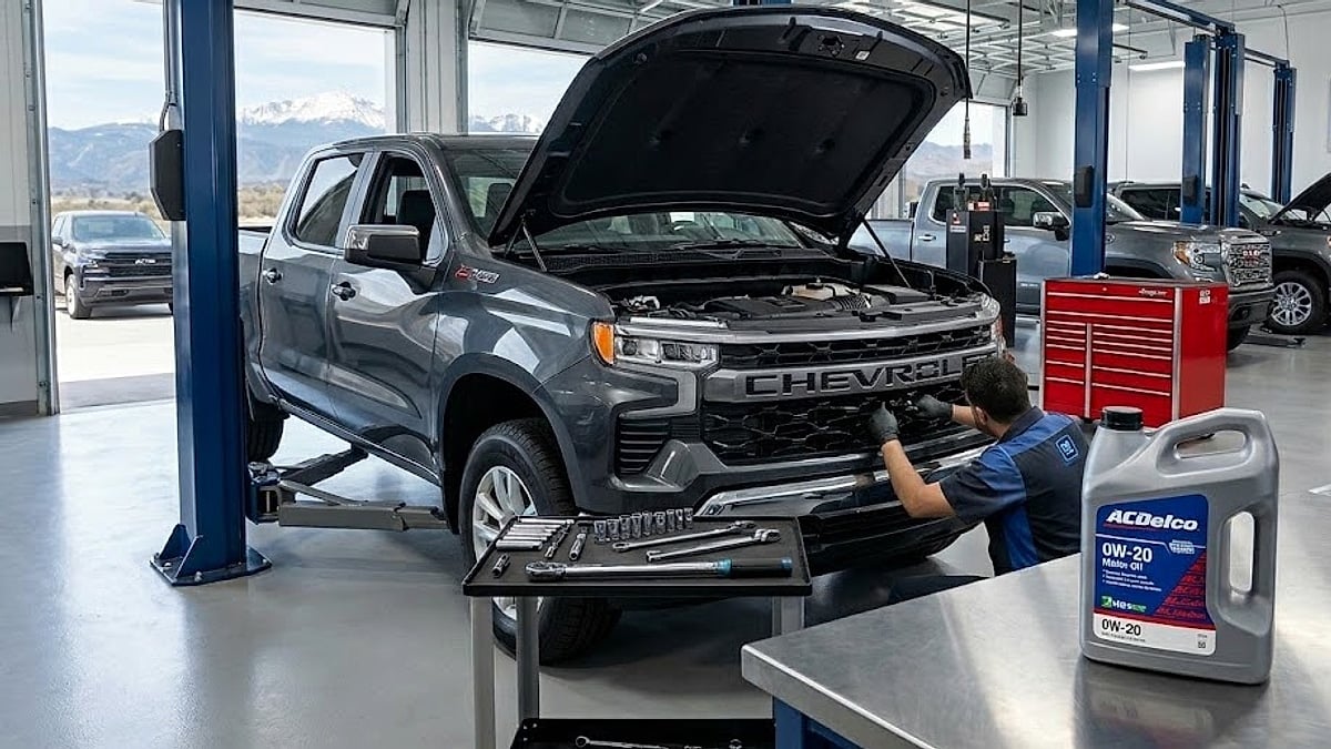 A Chevrolet Silverado undergoes oil change maintenance in a professional service bay next to factory-specified AC Delco engine oil