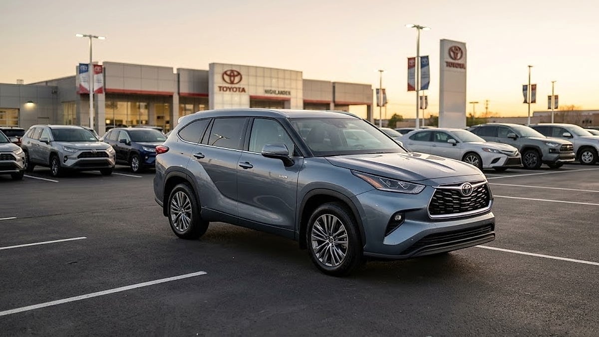 A classic 2022 Toyota Highlander 3.5-Liter V6 parked in a dealership lot during sunset, representing traditional mechanical reliability