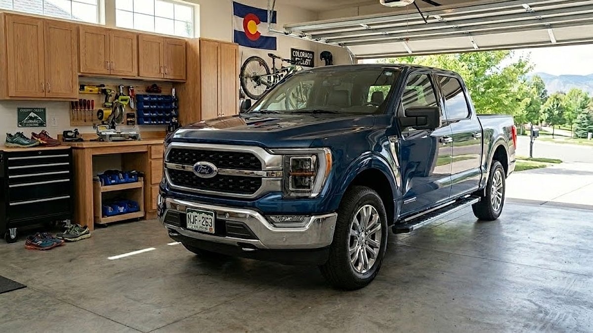 A clean, blue 2026 Ford F-150 SuperCrew with a Colorado plate parked inside an organized suburban Colorado garage, showcasing that it may not get a signal for an update