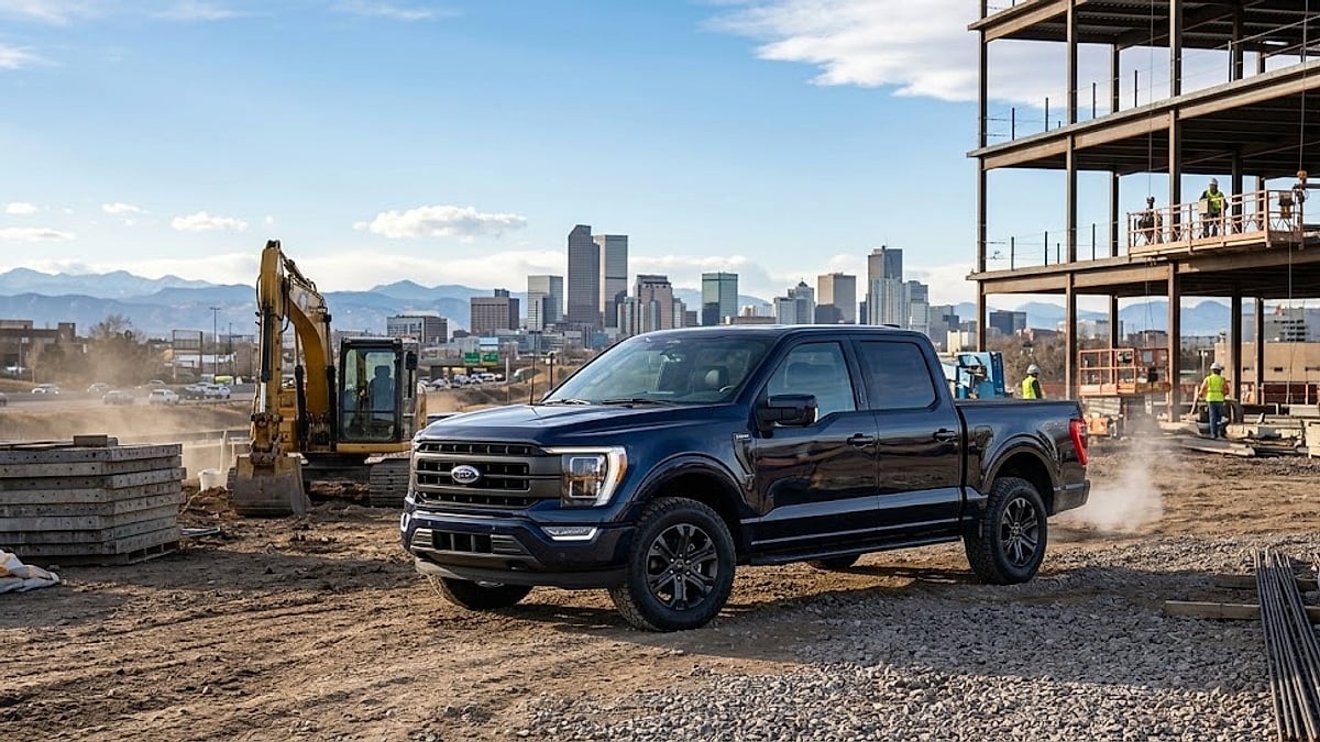 A clean 2025 Ford F-150 is parked at a busy Denver job site idling for long peroids, with an excavator and the city skyline