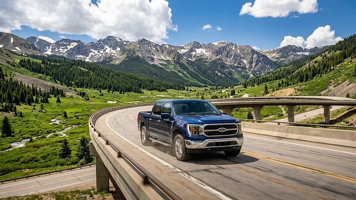 A clean 2025 Ford F-150 travels on a curved highway bridge across the scenic Vail Pass in the Colorado Rocky Mountains