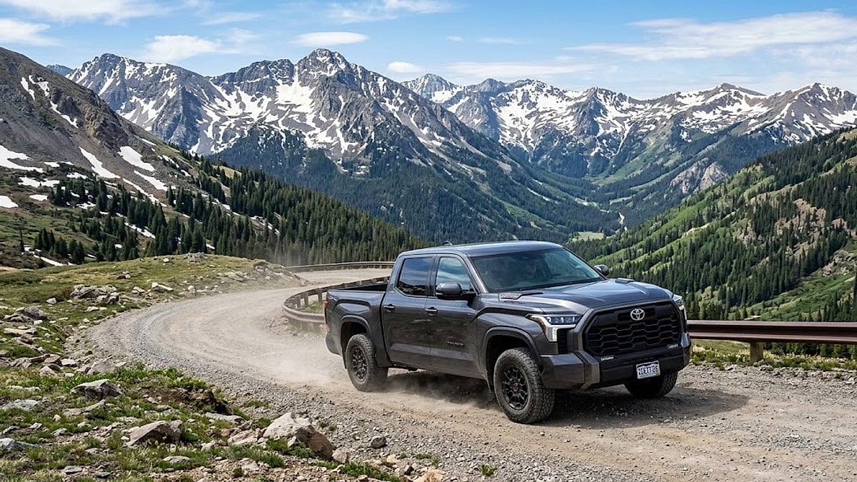 A 2026 Toyota Tundra TRD Pro navigates a winding mountain pass during high-altitude performance testing in the Colorado Rockies