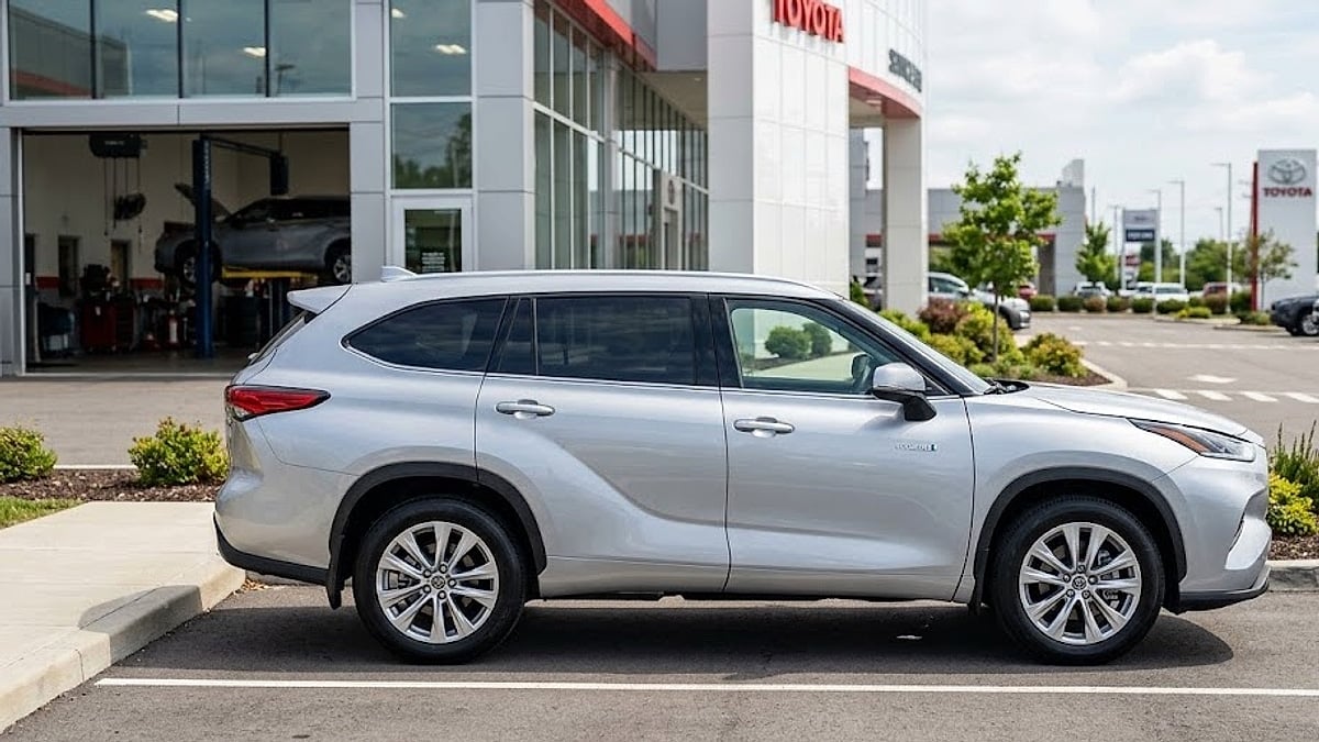 A side-profile photograph of a silver 2023 Toyota Highlander Hybrid SUV parked in a dealership service center lot