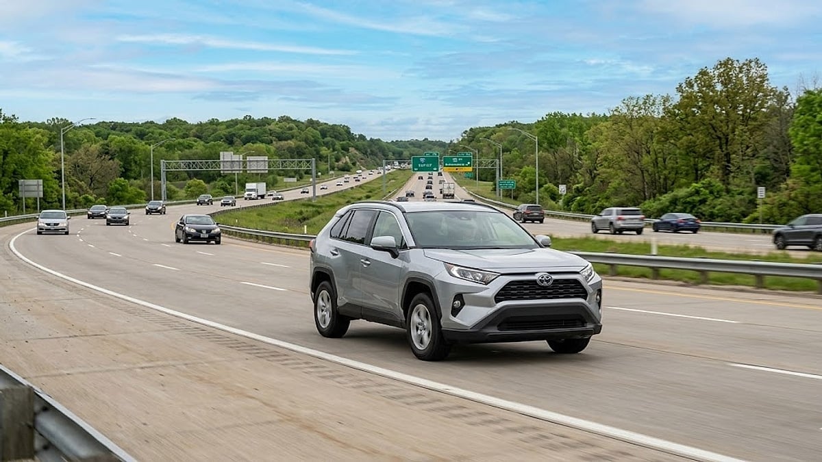 A clean silver 2021 Toyota RAV4 LE driving eastbound on an multi-lane, scenic Michigan highway in dynamic motion