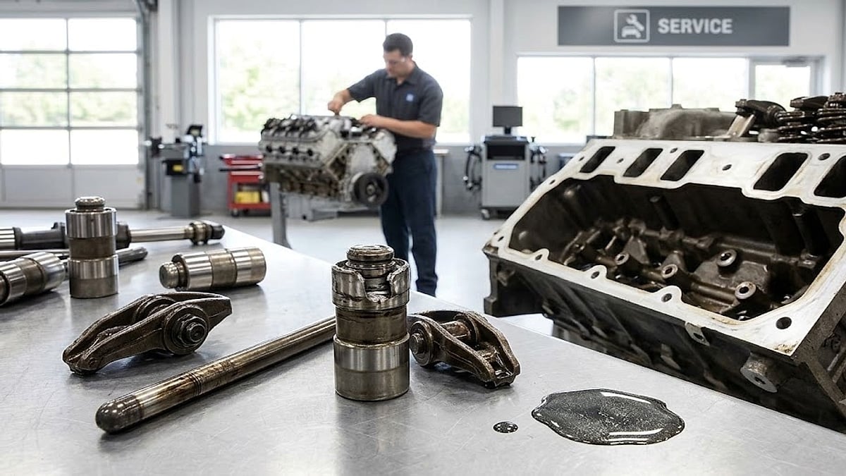 A close-up of a damaged, oil-coated Chevy V8 lifter, illustrating the mechanical reason behind engine seizures after partial repairs