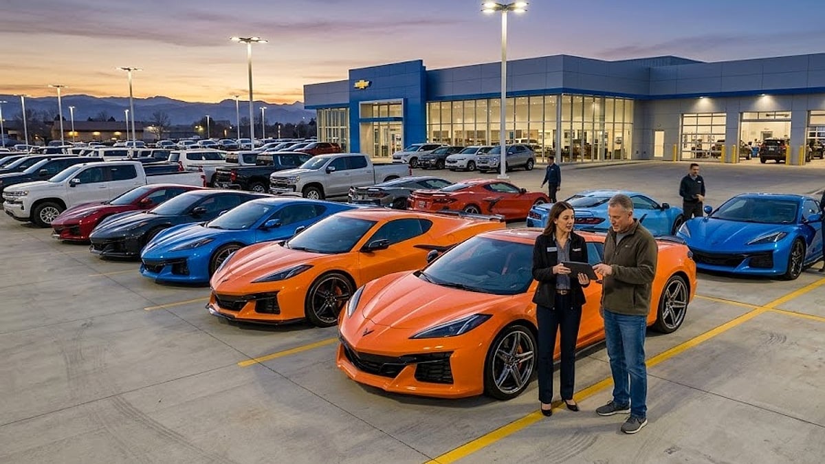 A dealership representative reviews inventory details on a digital tablet with a C8 Corvette owner on an outdoor showroom lot