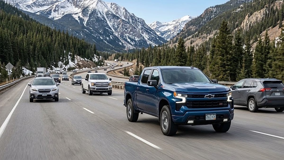 A deep blue 2026 Chevrolet Silverado 1500 cruising smoothly along a scenic, multi-lane Colorado mountain highway in daytime traffic