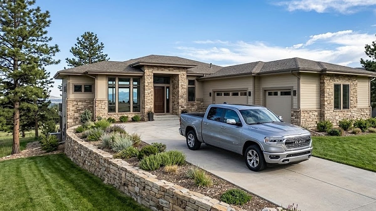 A deep silver pickup truck is parked on a concrete driveway of a modern Colorado home, with native landscaping and mountains in the distance