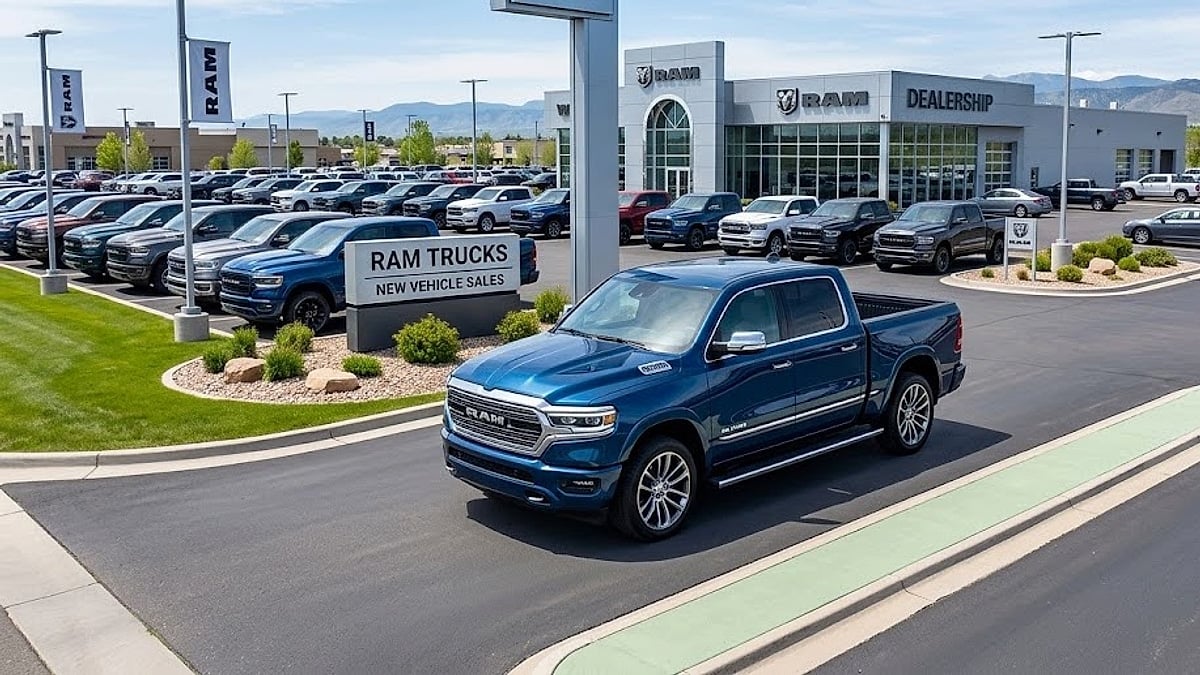 A detailed aerial photograph of a RAM dealership lot in a mountain landscape, showcasing a blue truck and row of new vehicles under a clear sky