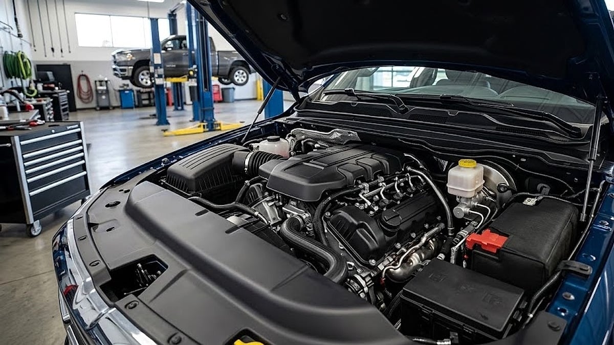 A detailed close-up of a 3.0L EcoDiesel V6 engine under the open hood of a Ram truck in a service bay
