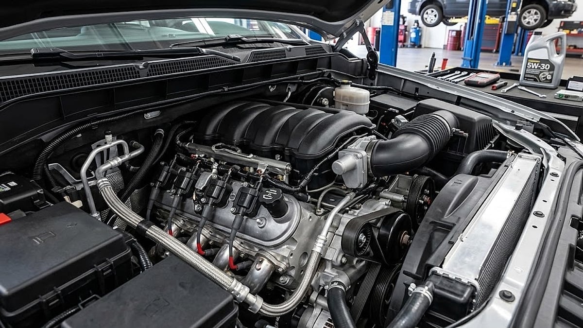 A detailed engine bay view of a Chevrolet truck under repair, with a bottle of 5W-30 synthetic oil nearby