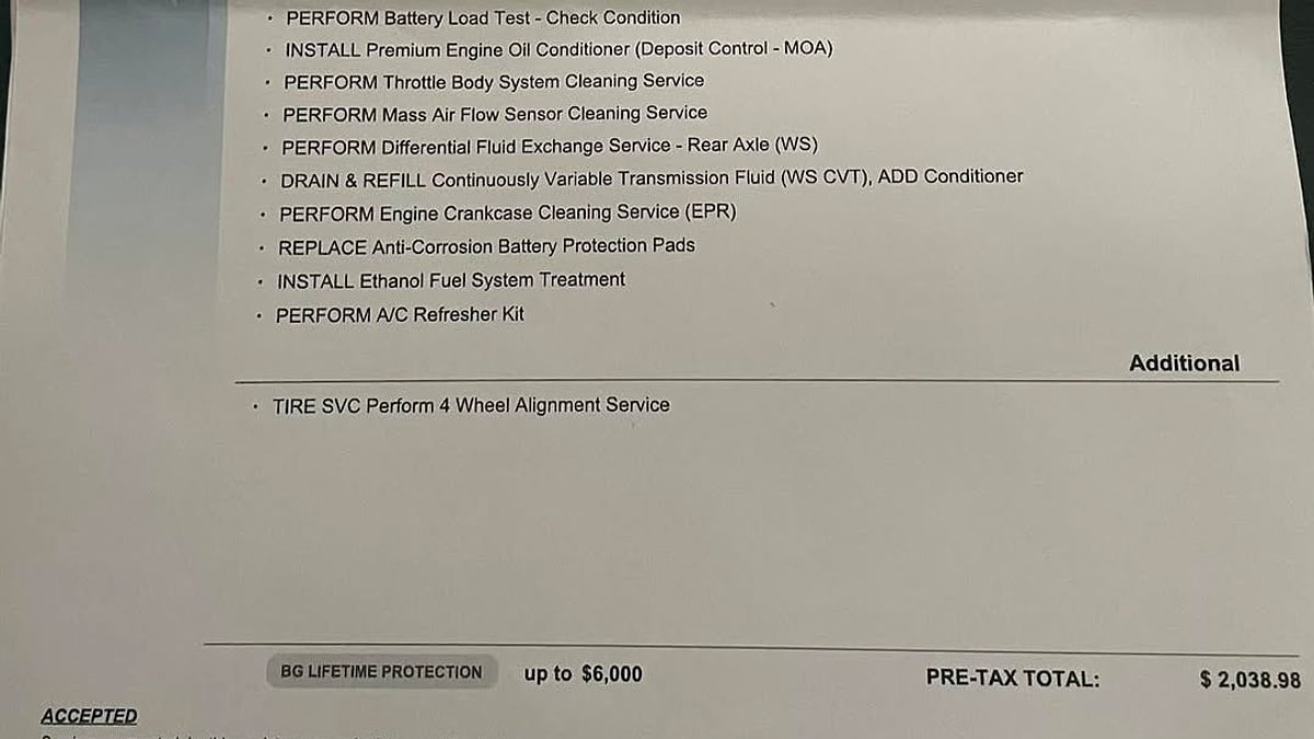 A detailed list of recommended services for a 2024 Toyota RAV4 owner with a total of $2,038