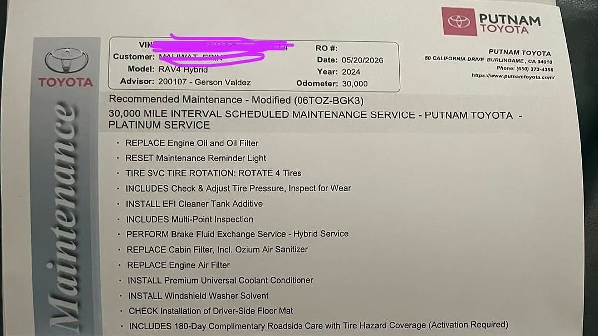 A detailed list of recommended services for a 2024 Toyota RAV4 owner