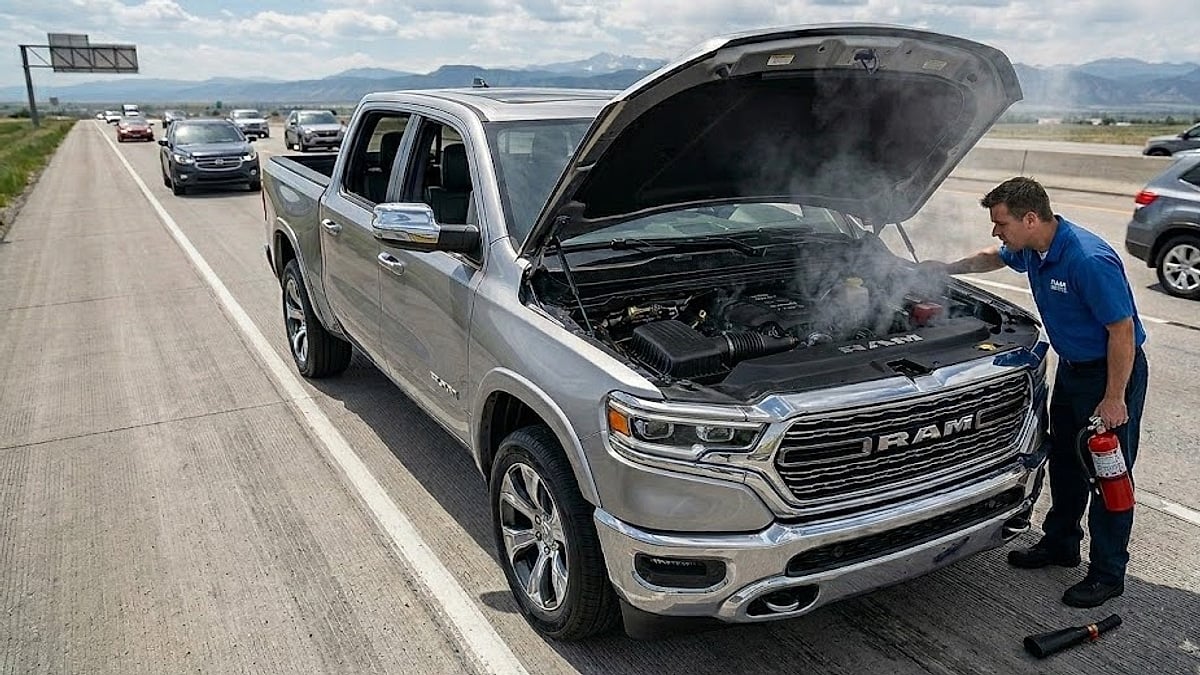A disabled silver pickup truck sits on a highway shoulder with smoke rising from the open engine bay during traffic