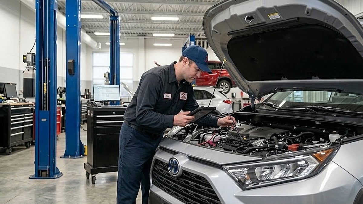 A factory technician uses a diagnostic tablet to inspect a 2025 Toyota RAV4 engine bay inside a dealer service station