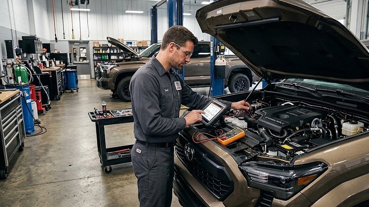 A factory-trained mechanic utilizes advanced electronic diagnostic tools to scan a fourth-generation Toyota Tacoma inside a dealership service bay