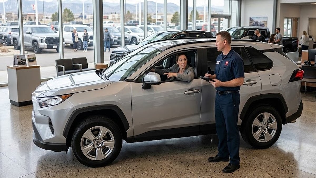 A female buyer discusses the functional interior of a new 2026 Toyota RAV4 with a salesperson on a showroom floor