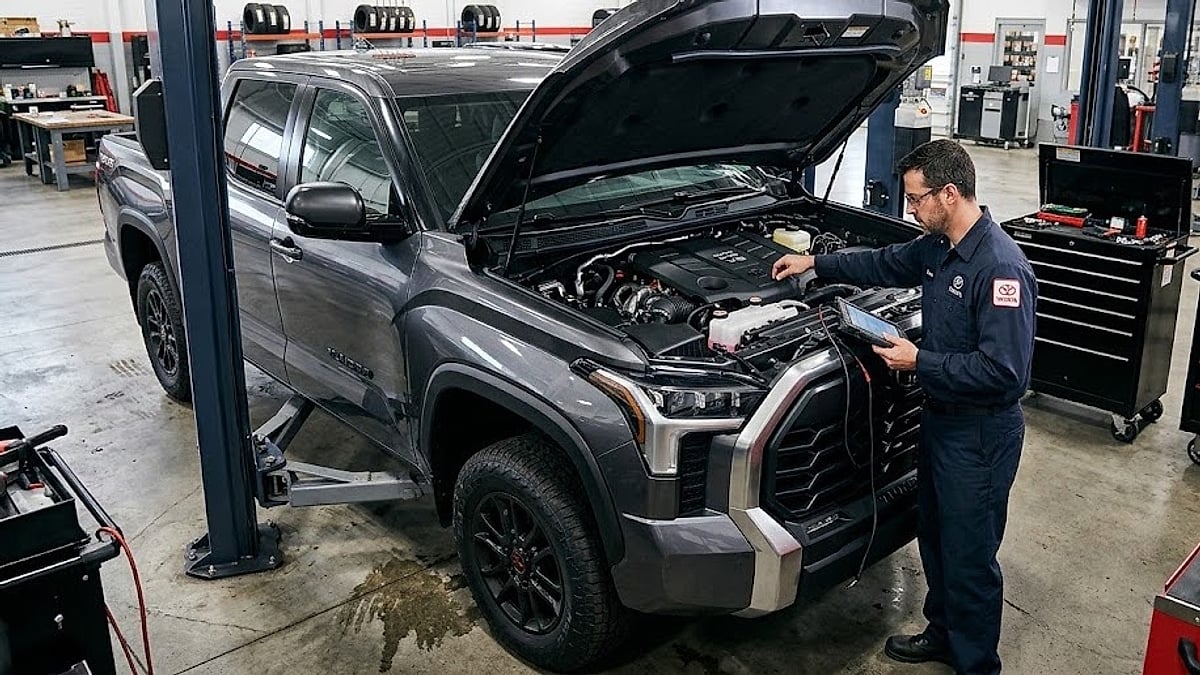 A focused Toyota technician diagnoses a 2023 Tundra engine in a service bay, highlighting professional maintenance and technical expertise