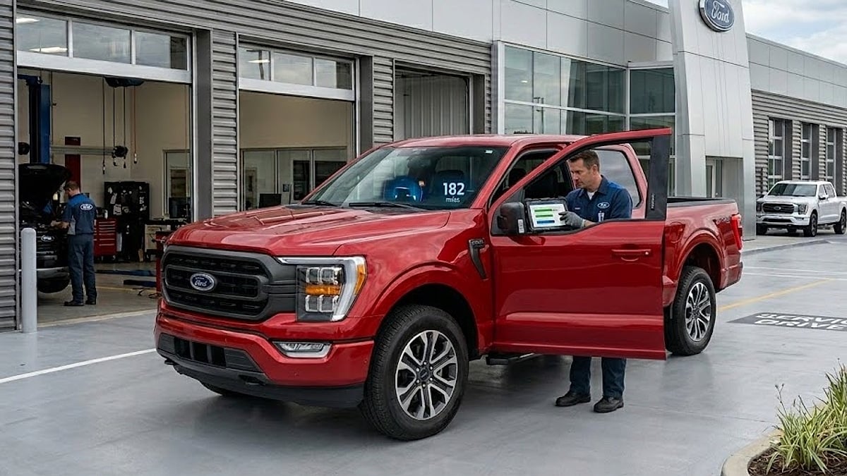 A Ford service technician uses a digital tablet to perform a software reflash on a low-mileage 2026 F-150 truck