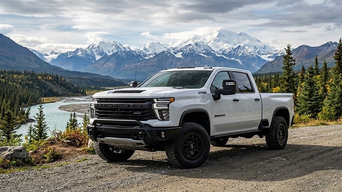 A formidable white 2025 Chevy Silverado HD ZR2 Bison 6.6L parked on a remote Alaskan dirt road with snow-capped mountains