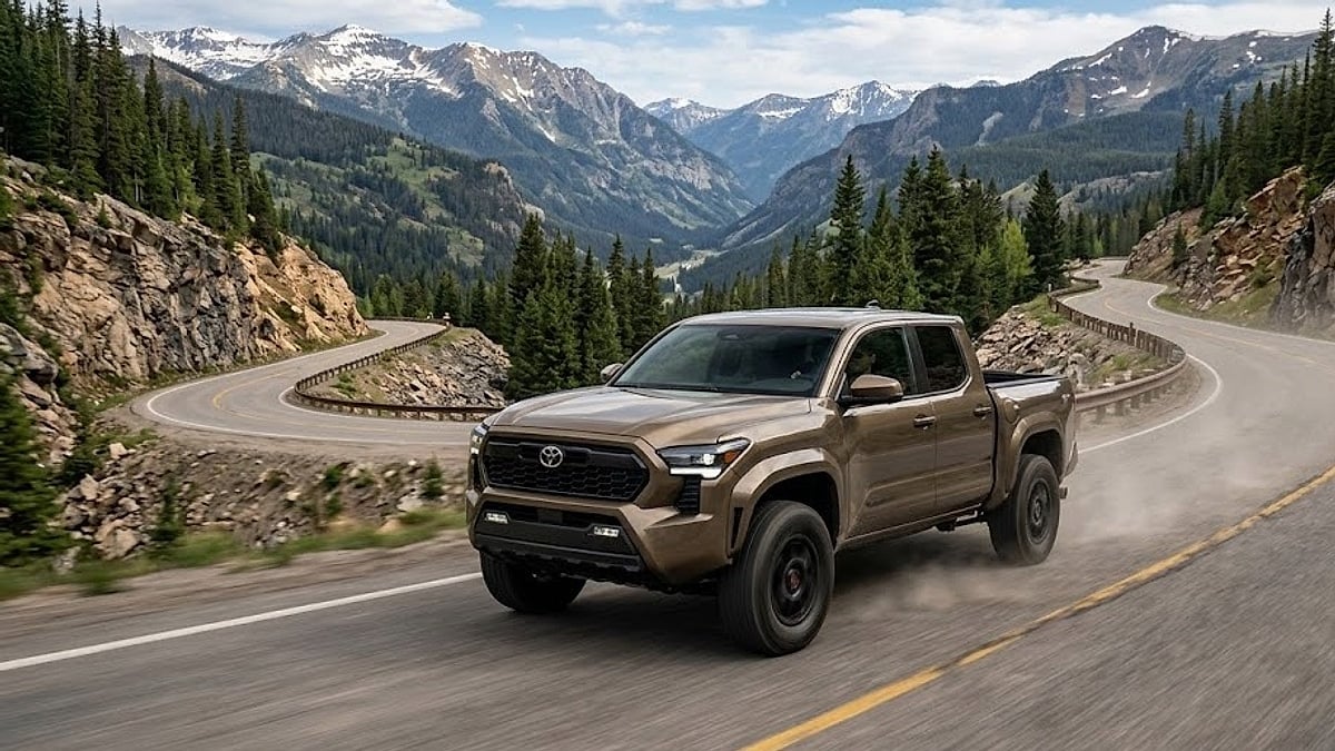 A fourth-generation Toyota Tacoma navigates the steep, high-altitude winding pavement of Wolf Creek Pass in the Colorado Rocky Mountains