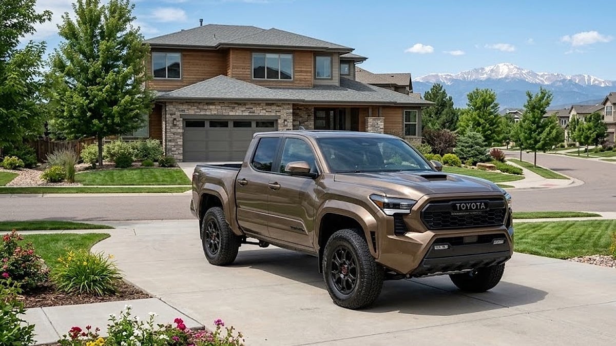 A fourth-generation Toyota Tacoma stands parked in a sunny, suburban Colorado concrete driveway with mountain peaks visible in the distance