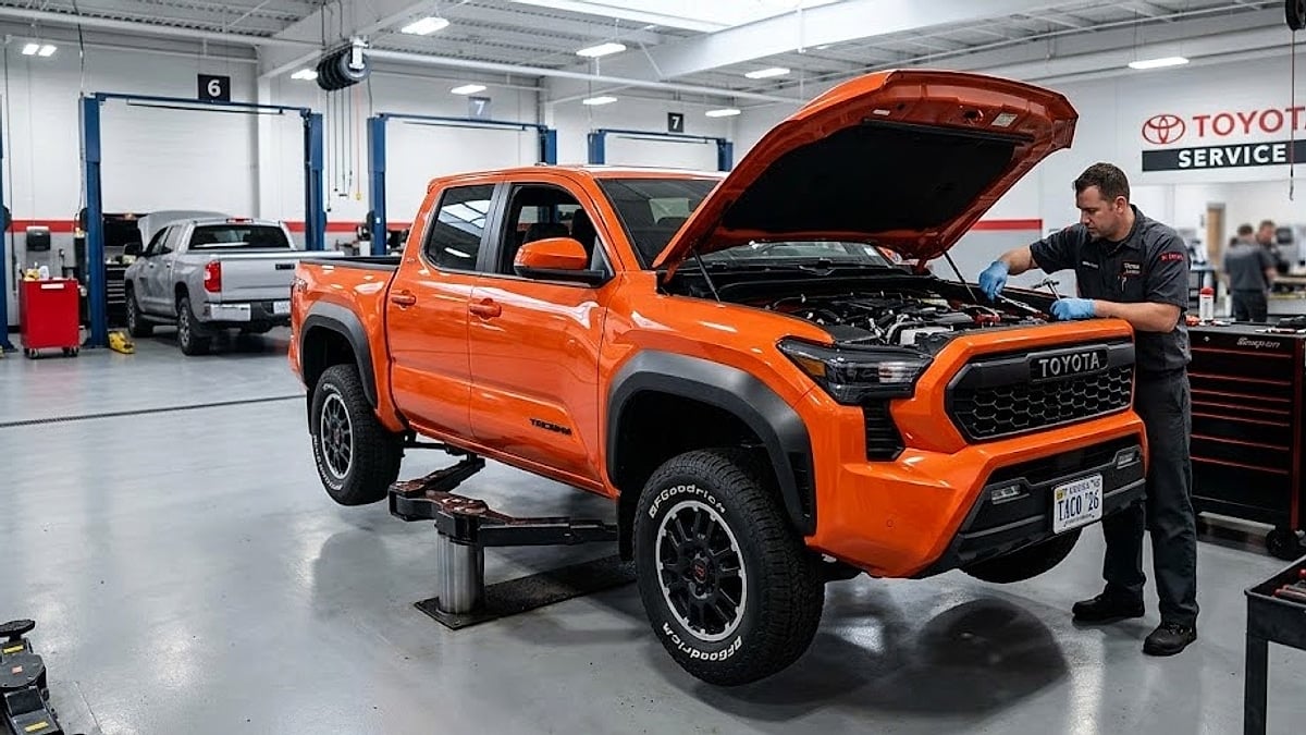 A fourth-generation Toyota Tacoma TRD Off-Road on a service lift with its hood raised during an accessory drive system inspection