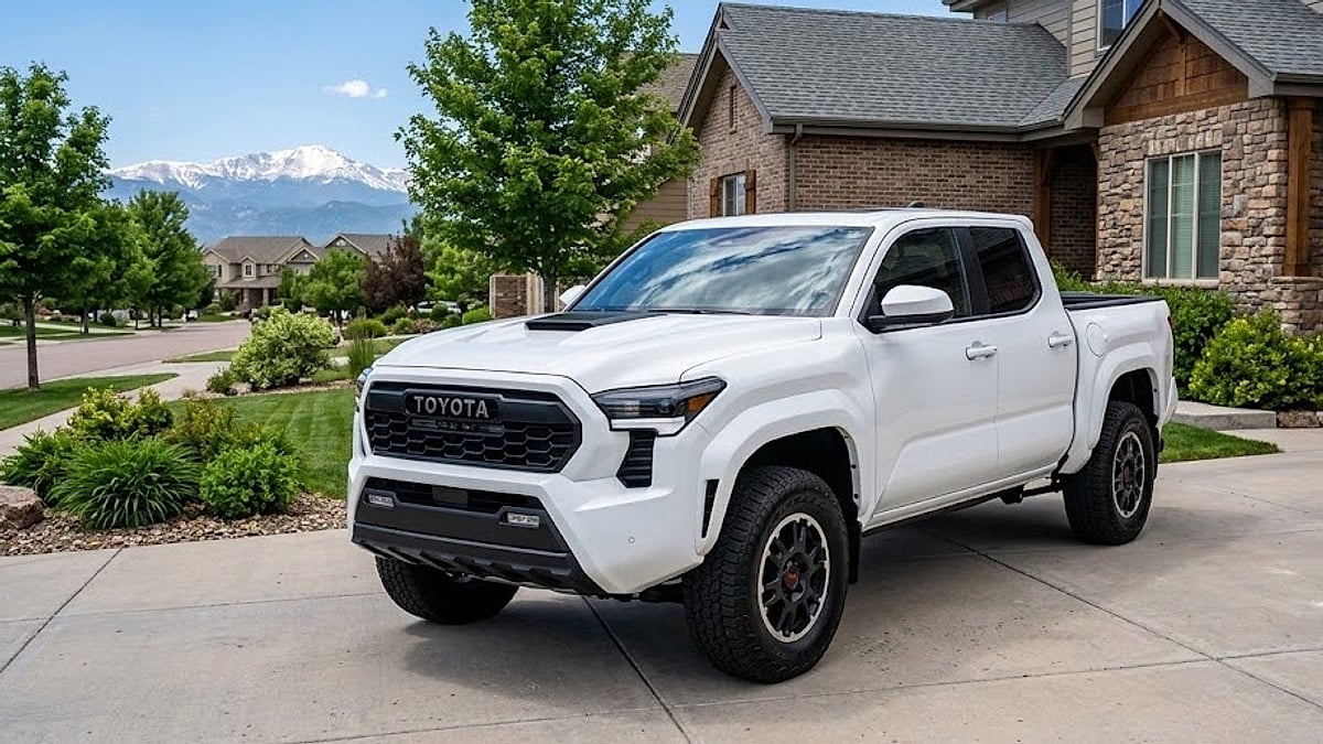 A fourth-generation white Toyota Tacoma parked on a concrete driveway of a suburban Colorado home with snow-capped mountains behind