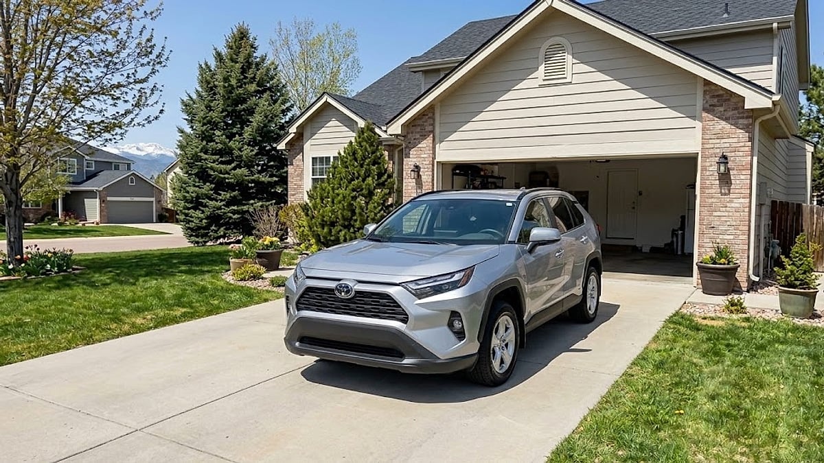 A front view of a silver Toyota RAV4 parked in a suburban Colorado driveway, framed by a garage and snowy mountains