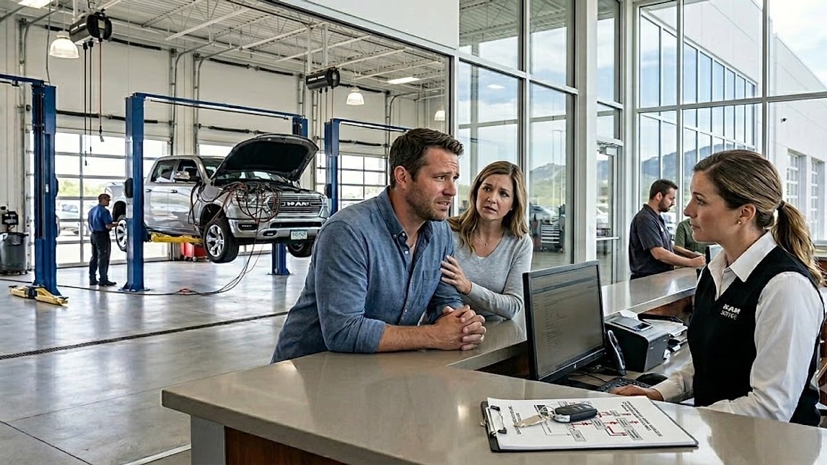 A frustrated Ram owner and servcie advisor, discuss the 2026 Ram 1500 electrical architecture failure matrix at a busy Ram dealership counter in Colorado